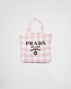 Small crochet tote bag | Prada Spa US Embroidered Lettering, Prada Tote Bag, Logo Knit, Lettering Logo, Crochet Tote Bag, Woven Raffia, Crochet Tote, Bags Logo, Triangle Logo