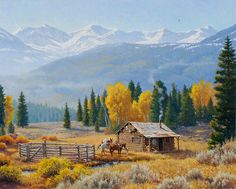 a painting of a cabin in the mountains with two horses by it's fence