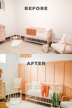 before and after photos of a baby's room with pink walls, white crib bedding, orange accents