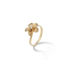 Maui Divers Jewelry Plumeria Ring in Gold with Diamond - 13mm on White Background Elegant Petal Shaped Flower Ring As Gift, Elegant Blossom Color Rings For Gifts, Elegant Petal Shaped Rings For Gift, Elegant Petal Flower Ring Gift, Elegant Blossom Colored Rings For Gift, Elegant Petal Rings For Anniversary, Elegant Petal Shaped Wedding Rings, Elegant Anniversary Petal Rings, Elegant Petal Shaped Rings For Anniversary