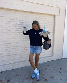 Nyc Outfit Ideas Summer, Sambas With Dress Outfit, Nyc Fits Spring, Light Blue Sambas Outfit, Spring City Break Outfit, Jean Skort Outfit, Short Denim Skirt Outfit Casual, Cute Movie Outfits, Short Skirt Aesthetic