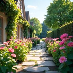 pink flowers line the walkway between two houses