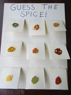 a sign that says guess the spice with different types of sauces on it,