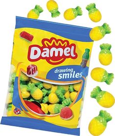 a bag of yellow and green gummy candies with the word'damel'on it