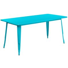 a blue table sitting on top of a white floor