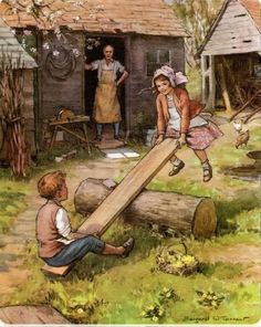 two children playing with a large log in front of a small house and another child standing next to it