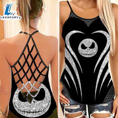 Jack Skellington Criss-Cross Tank Top Shirt (2) – the perfect addition to any summer wardrobe. This top is made from a soft and lightweight material that feels comfortable against the skin. The criss cross design on the back adds a stylish touch to this classic tank top. The open back allows for breathability and freedom of movement, making it perfect for outdoor activities and workouts. The tank top is available in a variety of colors and sizes to suit your personal style and fit preferen Trendy Summer Tops With Crisscross Shape, Trendy Summer Top With Crisscross Neckline, Trendy Crisscross Summer Tops, Trendy Summer Crisscross Top, Trendy Crisscross Top For Summer, Casual Stretch Crisscross Top, Casual Summer Tank Top With Crisscross Back, Trendy Stretch Crisscross Tops, Casual Crisscross Tank Top For Summer