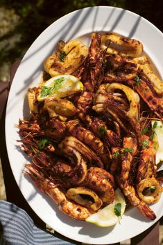 grilled shrimp with lemon wedges and parsley on a white plate