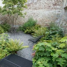 a garden with lots of plants and tables in it's center area, surrounded by brick walls