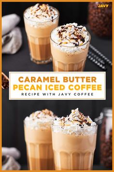 caramel butter pecan iced coffee recipe with jayy coffee on the side and topped with whipped cream