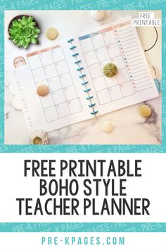 the free printable boho style teacher planner is on top of a marble table