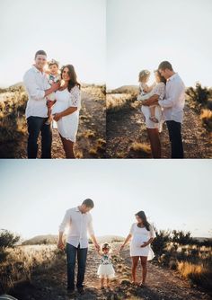 two photos of a family holding hands and walking in the desert with sun shining down on them