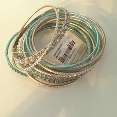 12 Bangles Of Assorted Turquoise Thread And Silver Gems Spring Party Jewelry In Turquoise, Spring Party Turquoise Jewelry, Forever 21 Jewelry, Pearl Bangle, Jewelry Turquoise, Bangle Set, Silver Pearls, Turquoise Jewelry, Forever 21