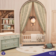 a baby's room with a crib, dresser and bookcase in it