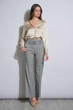 Meet the pant of the season! Our wide leg Plaid Pant features a high-rise silhouette & pockets. Designed with a chic metal buckle, this pant will quickly become a staple in your wardrobe. High Rise, Wide Leg Plaid Pant with Removable Belt 66% Polyester, 32% Viscose, 2% Elastane Runs true to Size Model is 5'9" and wearing size 4 Measurements: 13"L Front Rise; 32"L Inseam (approx. length for a size 6) Dry Clean Only Imported Style #: ETR34153 Chic High Waist Wide Leg Pants With Belted Cuffs, Belted Wide Leg Pants For Fall, Fall Wide Leg Belted Pants For Work, Fall Workwear Belted Wide Leg Pants, Chic Belted Straight Leg Dress Pants, Belted Wide Leg Pants For Formal Fall Occasions, Belted Wide Leg Pants For Formal Fall Events, High Waist Belted Wide Leg Work Pants, Fall Wide Leg Pants With Belt Loops