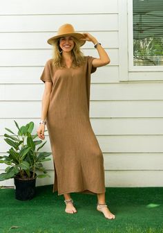 Discover the ultimate blend of comfort and style with our Soft Double Gauze Cotton Dress. This handmade Kaftan Dress, perfect for maternity wear and boho clothing enthusiasts, is designed to provide effortless elegance for any occasion.  Features ‣ Bohemian Style Dress: Embrace the boho spirit with this flowing, versatile dress. ‣ One Size Fits Most: Designed to fit US Women's sizes S-XL, making it an adaptable and inclusive piece. ‣ Double Gauze Cotton: Crafted from soft, breathable double gauz Summer Beach Maternity Dress With V-neck, Summer Cotton Maternity Dress, Flowy Maternity Beach Dress, Brown Cotton Maxi Dress For Vacation, Brown Relaxed Fit Cotton Dress, Cotton V-neck Maternity Dress, Bohemian Maternity Dress For Spring Vacation, Casual V-neck Maternity Dress, Summer Bohemian Maternity Dress