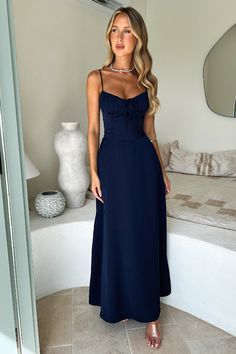 Magdalena Maxi Dress - Navy Classy Guest Wedding Dress, Long Maxi Dress Outfits Classy, Navy Dress Wedding Guest, Navy Dress Outfit Wedding, Navy Blue Wedding Guest Dress, Navy Blue Prom Dresses Long, Simple Formal Dress, Luv Bridal, Graduation Board