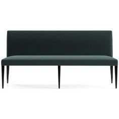 an upholstered bench with dark wood legs and a green fabric backrest, viewed from the front