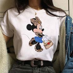 Lasaky - Casual Cartoon Minnie Short-Sleeve Round Neck Pullover Shirt Minnie Mouse Font, White Cheetah Print, Disney T Shirt, Disney Vintage, Font A, Cartoon Outfits, A B C D, Floral Print Shirt, Disney Tshirts