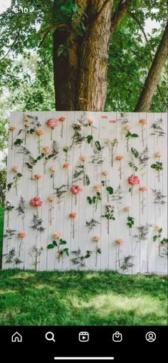 a white screen with flowers on it in front of a tree and green grass area