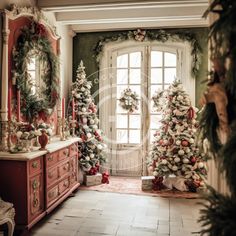 two christmas trees in front of a window with wreaths and garland on the windowsill