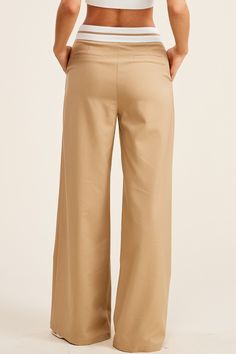 Maika Trouser Contrast waistband trouser pant. Color: Beige Zip closure Mid rise Full length with wide leg fit Model is wearing a size Small Beige High-waisted Wide Leg Pants With Pockets, Beige Stretch Wide-leg Pants, Beige Cotton Wide Leg Full-length Pants, Beige Non-stretch Full Length Wide Leg Pants, Beige Wide-leg Bottoms With Multiple Pockets, Frankies Bikinis, Corset Crop Top, Skirt Jumpsuit, 80 Dress