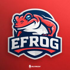 the efrog logo is shown on a red background with blue eyes and an orange tail