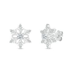 These white lab-created sapphire-accented snowflake stud earrings set in sterling silver each feature a 3.5mm white lab-created sapphire center stone and secure with friction backs. White Snowflake Jewelry For Formal Occasions, White Snowflake Jewelry For Anniversary, White Sterling Silver Christmas Earrings, Formal Snowflake Sterling Silver Jewelry, Formal Sterling Silver Snowflake Jewelry, Elegant Snowflake Earrings For Anniversary, White Snowflake Earrings For Anniversary, Silver Snowflake Earrings For Anniversary, Elegant Snowflake Earrings For Winter