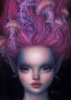 a painting of a woman with pink hair and jellyfishs on her head, in front of a black background