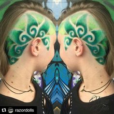 Green shaved hair swirl design Side Shaved Hair, Shave Designs, Hair Tattoo Designs, Side Shaved, Shaved Designs, Shaved Hair Designs, Green Side, Haircut Designs, Hair Tattoos