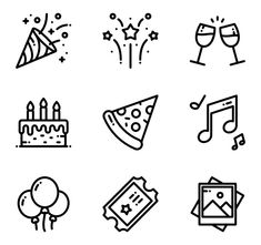 black and white birthday icons on a white background