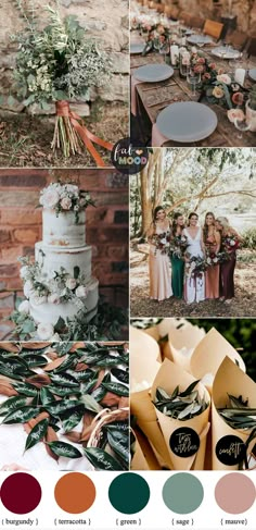 a collage of photos with wedding cake, flowers and greenery