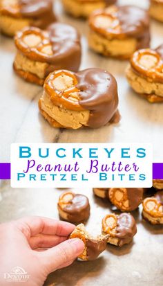 peanut butter pretzel bites on a baking sheet with the words buckeye's peanut butter pretzels