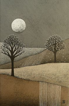 a painting with trees and moon in the background