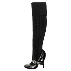 ▪ Alexander McQueen black thigh-high boots ▪ Black leather high-heel pumps ▪ Attached knitted thigh-high socks ▪ Black buckle strap around the heel and foot ▪ Size European 40 ▪ Fall-Winter 2006 ▪ Made in Italy Thigh High Sock Boots, Fashion Collection Inspiration, Thigh High Sock, Black Thigh High Boots, Black Thigh High, Strappy Platform Sandals, Sock Boots, Thigh High Socks, Buckle Boots