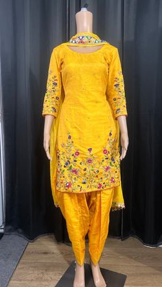 Hand embroidered yellow suit on khadar silk. Gold Embroidered Raw Silk Lawn Suit, Embroidered Gold Raw Silk Lawn Suit, Gold Embroidered Silk Lawn Suit, Designer Yellow Lawn Suit With Dabka Embroidery, Formal Gold Embroidered Lawn Suit, Fitted Gold Lawn Suit With Dabka Details, Gold Lawn Suit With Dabka Details, Fitted Raw Silk Lawn Suit With Dabka, Fitted Raw Silk Lawn Suit With Dabka Detailing