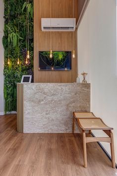 a living room with wood floors and plants on the wall behind the reception counter,