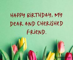 happy birthday, my dear and cherished friend with tulips on green background