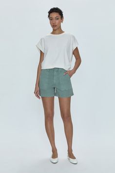 Marissa High Rise Utility Short - Bluff Mid-rise Relaxed Fit Shorts With Patch Pockets, Relaxed Fit Mid-rise Shorts With Patch Pockets, Green Bermuda Shorts With Pockets For Spring, Casual Olive Bottoms For Summer, Relaxed Fit Mid-rise Cargo Shorts, Green Relaxed Fit Bermuda Shorts For Spring, Casual Bermuda Shorts With Cargo Pockets For Spring, Casual Khaki Shorts For Work, Green Relaxed Fit Bermuda Shorts