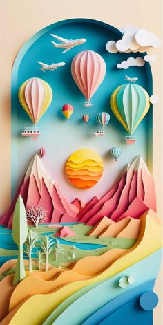 paper cut art with hot air balloons flying over the mountains and trees in the sky