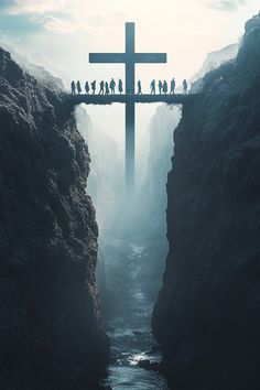 a group of people standing on top of a bridge over a river under a cross