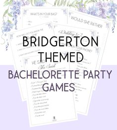 three bachelor party games with purple flowers and greenery