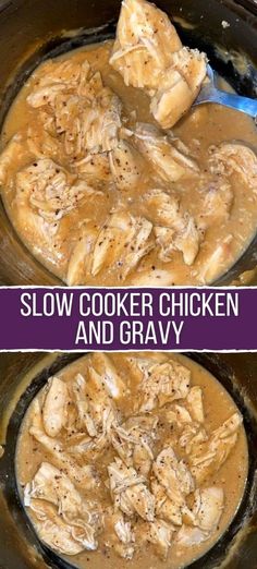 slow cooker chicken and gravy in a crock pot with the words slow cooker chicken and gravy