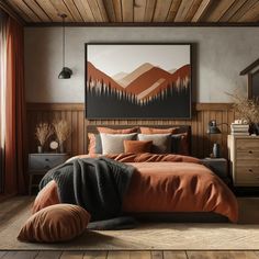 an orange and grey bedroom with wood paneled walls, wooden flooring and artwork on the wall