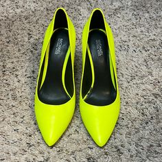 Brand New Neon Yellow Color Yellow Closed Toe Heels In Synthetic Material, Yellow Pointed Toe Synthetic Heels, Yellow Synthetic Closed Toe Heels, Yellow Synthetic Closed-toe Heels, Yellow Synthetic Heels With 4-inch Heel, Yellow 4-inch Heel Synthetic Heels, Yellow Formal Heels Medium Width, Yellow Medium Width Heels For Formal Occasions, Yellow Medium Width Formal Heels