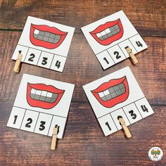 four printable match cards with red lips and numbers on them for the number line