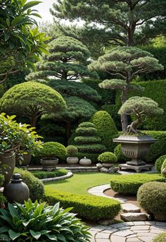 a garden with trees and bushes in it