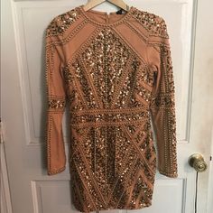 Brand New Never Worn! Got It For A Formal But Didn't Get It In Time. The Best Peach Color With Gold And Brass Detailing Gold Long Sleeve Semi-stitched Dress, Gold Bohemian V-neck Dress, Gold Long-sleeve Cocktail Mini Dress, Peach Color, Long Sleeve Mini, Long Sleeve Mini Dress, Got It, Get It, In Time