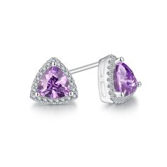 Created Amethyst with Created White Sapphire Earrings Earrings are Rhodium Plated Brass Amethyst is 6x6 mm Trillion Cut Each Total of 44 Stones Side Stones are Created White Sapphire Earrings are 7.60 mm WITH GIFT BOX Purple Anniversary Earrings, Purple Birthstone Drop Earrings, Purple Earrings With Prong Setting For Gift, White Sapphire Earrings, Garnet And Gold, Pearl Earrings Dangle, Sapphire Earrings, White Sapphire, Jewelry Earrings Studs