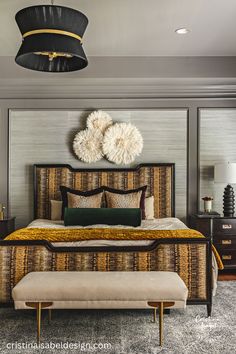 a bedroom with a large bed and two lamps on the side of the headboard